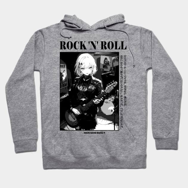 Rock and Roll - Anime Manga Aesthetic Black and White Streetwear Hoodie by Neon Bang Bang